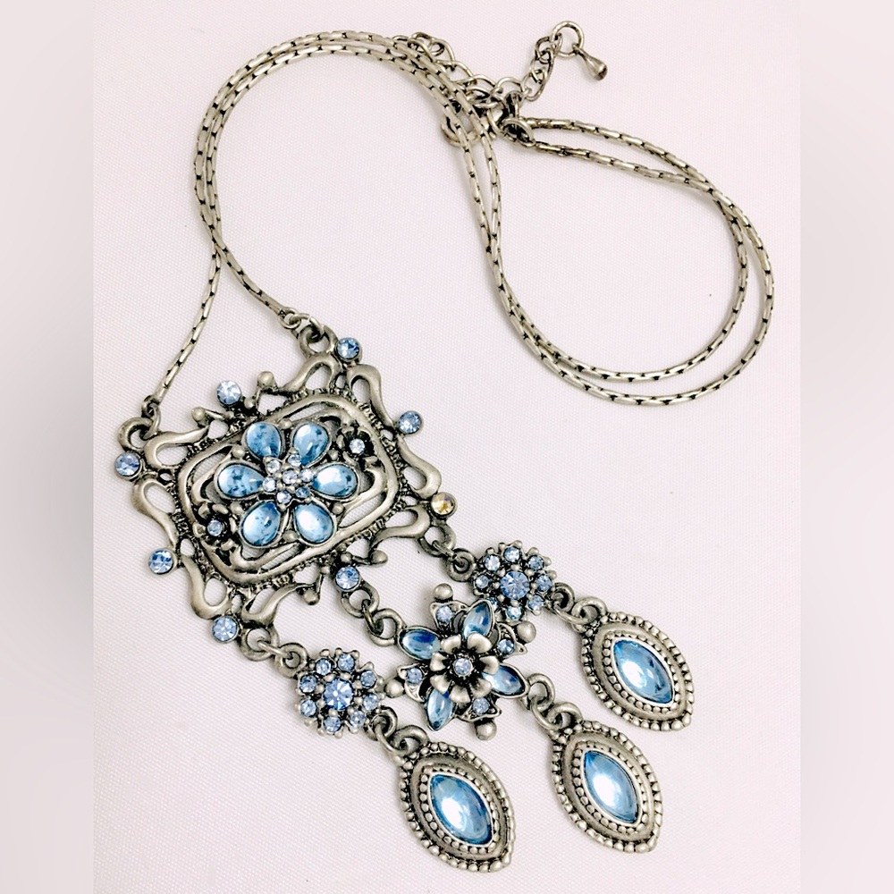 Park Lane Blue Silver Victorian Style Floral Necklace
